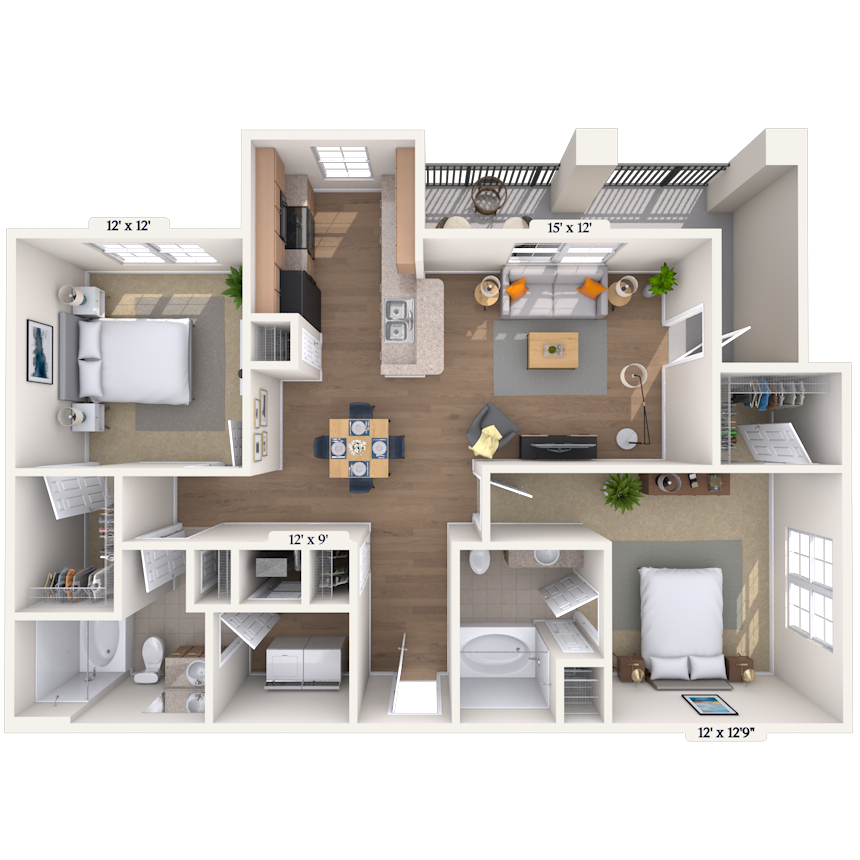 Floor plan for 2 beds, 2 baths, 1110 sqft
